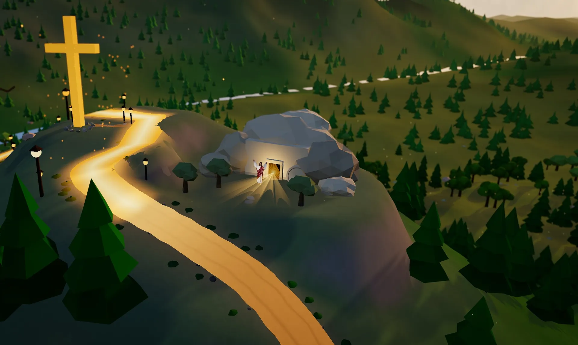 A glowing road climbs a green hill past a golden cross to the open tomb